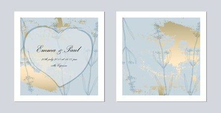 Set of Trendy Elegant pastel blue Gold Cards for wedding invitations, greeting card, banner, birthday, advertising, valentine s day, party. Chic background for your design made in vectorの写真素材