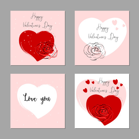 Romantic Collection of Cute Hand Drawn Abstract Valentine s Day Cards. Trendy backgrounds for greeting cards, headers, invitations, gift paper, posterts, banners, brochures, web. Vector Illustrationsのイラスト素材