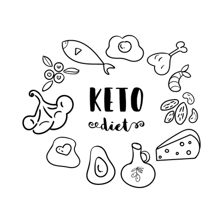 Ketogenic Diet hand drawn doodle icons. Healthy life style concept. Food cartoon style illustrationsのイラスト素材