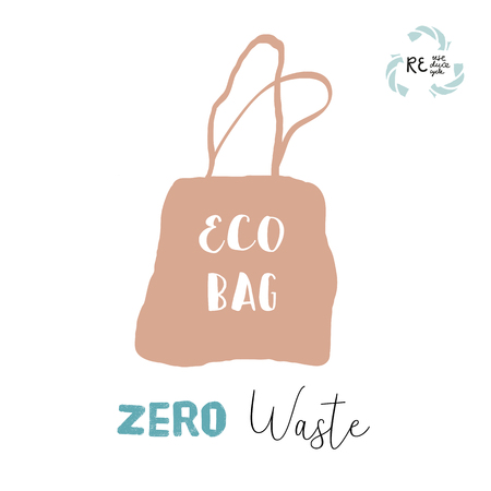 Hand drawn eco paper or textile bag illustration of zero waste concept. No plasticのイラスト素材