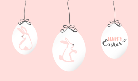Happy easter trendy cute celebration greeting card in simple cartoon style. Rabbit and easter egg traditional symbol of Easter holidayのイラスト素材