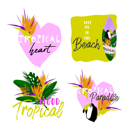Cute cartoon topical summer set of bright stickers in collage style with hand drawn textures. Trendy chic hawaiian prints for apparel or typographyのイラスト素材