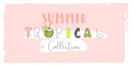 Cute tropical cartoon doodle hand drawn illustration with different Summer trendy prints of wild animals and exotic plantsのイラスト素材
