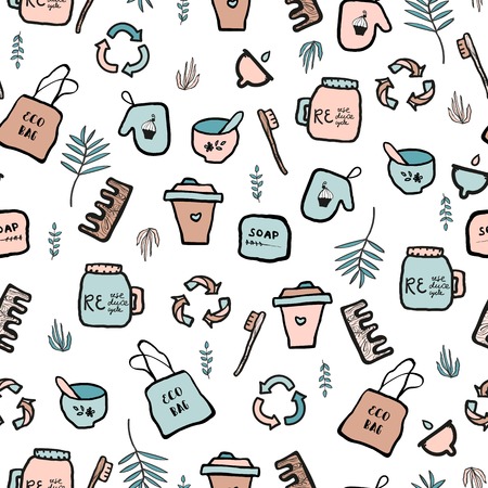 Hand drawn seamless pattern with  doodle elements of zero waste lifestyle. Eco style illustration setのイラスト素材