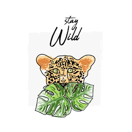 wild tropical hand drawn leopard character hiding in the green jungle rainforest  cartoon hand drawn doodle style. wild life backgroundのイラスト素材