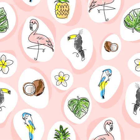 Tropical seamless pattern with cute hand drawn doodle animalsのイラスト素材