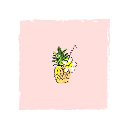 cute tropical set of different stickers with wild birds, exotic fruits, flowers and leaves. Summer cartoon doodle hand のイラスト素材