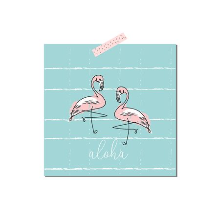 tropical hand drawn flamingo birds in cartoon hand drawn style. cute greeting card, party invitation, postcard, birthday, baby showerのイラスト素材