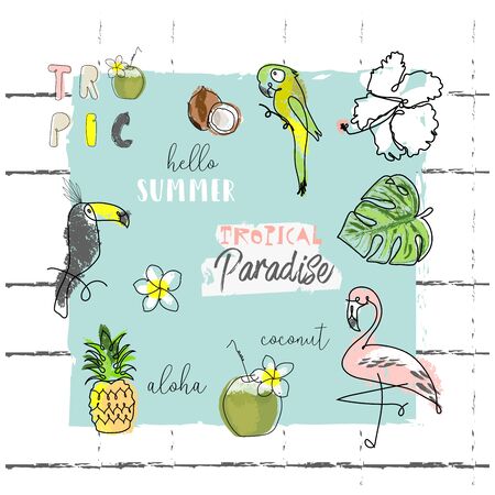 Summer cartoon doodle hand drawn tropical vector elementsのイラスト素材