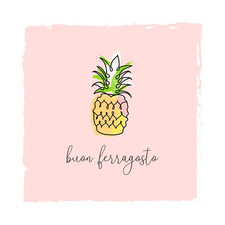 Buon Ferragosto italian summer holiday illustration with cute doodle pineapple fruitのイラスト素材