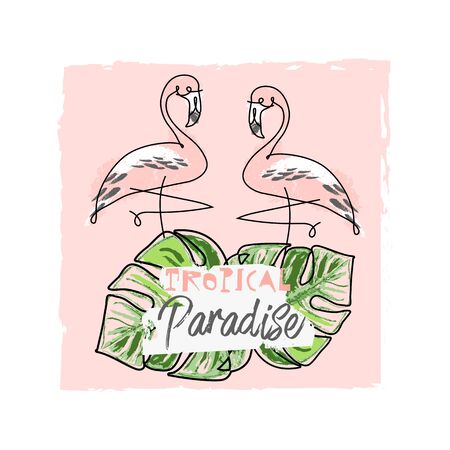 cute tropical set of different stickers with wild birds, exotic fruits, flowers and leaves. Summer cartoon doodle hand のイラスト素材