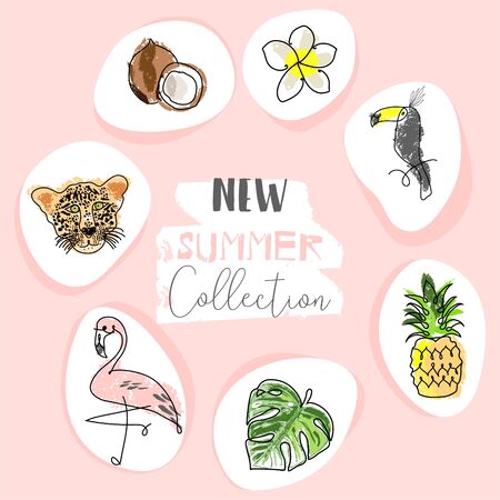 Cute tropical cartoon doodle hand drawn illustration with different Summer trendy prints of wild animals and exotic plantsのイラスト素材