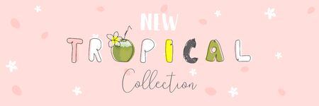 Cute tropical cartoon doodle hand drawn illustration with different Summer trendy prints of wild animals and exotic plantsのイラスト素材