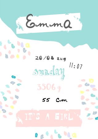 Hand drawn abstract pastel baby shower card with brush confetti, floral doodles in childish style. Delicate print for invitations, greeting cards, party, postcards, apparel design, nurseryのイラスト素材