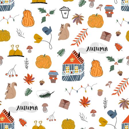 Cute autumn seamless pattern fall harvest season cartoon illustration clip art with different decoration elements. Happy Thanksgiving holidayのイラスト素材