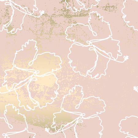 floral line art pattern with hibiscus tropical flowers on blush gold grunge texture. Chic trendy backgroundのイラスト素材