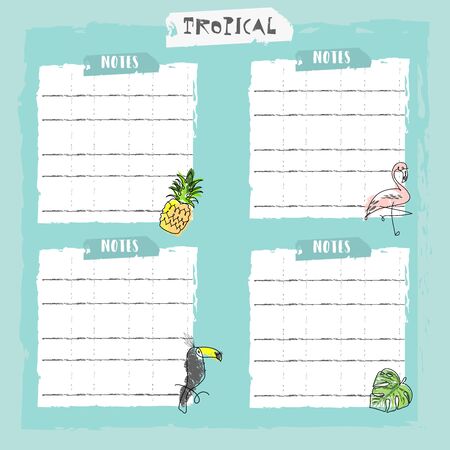 cute tropical set of different stickers with wild birds, exotic fruits, flowers and leaves. Summer cartoon doodle hand drawn vector elementsのイラスト素材