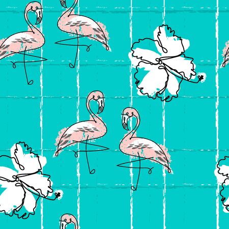 Tropical seamless pattern with cute hand drawn doodle animals, fruits, exotic plants and flowers. Cartoon summer backgroundのイラスト素材