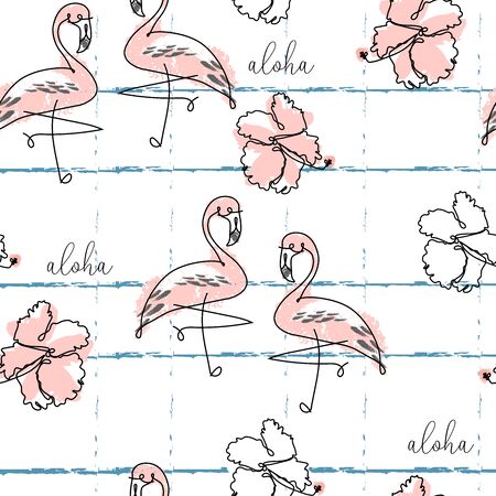 Tropical seamless pattern with cute hand drawn doodle animals, fruits, exotic plants and flowers. Cartoon summer backgroundのイラスト素材