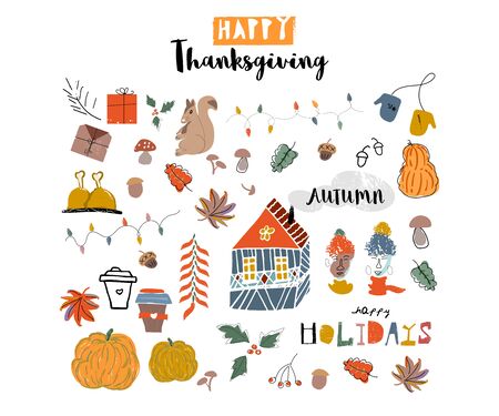 Cute autumn collection set, fall harvest season cartoon illustration clipart with different decoration elements. Happy Thanksgiving holidayのイラスト素材