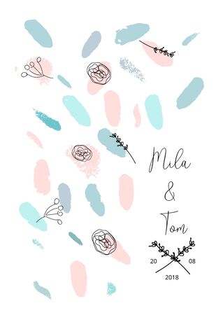 Hand drawn abstract pastel baby shower card with brush confetti, floral and bunny doodles in childish style. Delicate print for invitations, greeting cards, party, postcards, apparel design, nurseryのイラスト素材