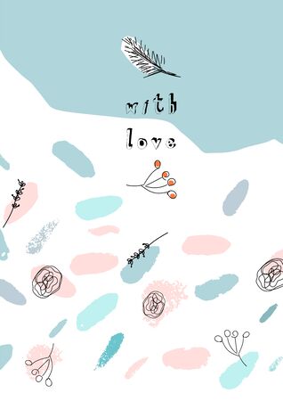 Hand drawn abstract pastel baby shower card with brush confetti, floral doodles in childish style. Delicate print for invitations, greeting cards, party, postcards, apparel design, nurseryのイラスト素材
