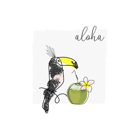 cute tropical set of different stickers with wild birds, exotic fruits, flowers and leaves. Summer cartoon doodle handのイラスト素材