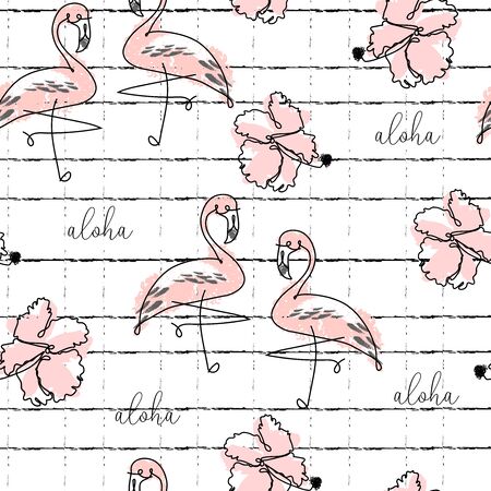 Tropical seamless pattern with cute hand drawn doodle animals, fruits, exotic plants and flowers. Cartoon summer backgroundのイラスト素材