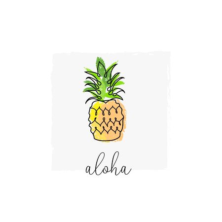 cute tropical set of different stickers with wild birds, exotic fruits, flowers and leaves. Summer cartoon doodle handのイラスト素材