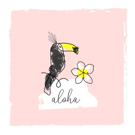 cute tropical set of different stickers with wild birds, exotic fruits, flowers and leaves. Summer cartoon doodle handのイラスト素材