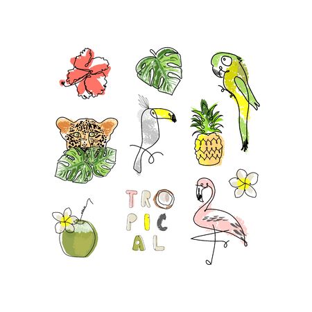 tropical summer background with cute cartoon itemsのイラスト素材