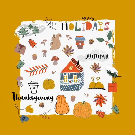 Cute autumn collection set, fall harvest season cartoon illustration clipartのイラスト素材