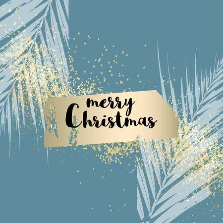 Elegant tropical palm leaves on pastel light grey blue silver glitter brush stroke background. Chic trendy beauty concept bannerのイラスト素材