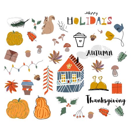 Cute autumn collection set, fall harvest season cartoon illustration clipart with different decoration elements. Happy Thanksgiving holidayのイラスト素材