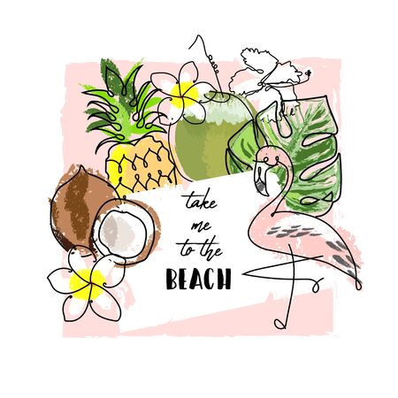 cute tropical set of different stickers with wild birds, exotic fruits, flowers and leaves. Summer cartoon doodle handのイラスト素材