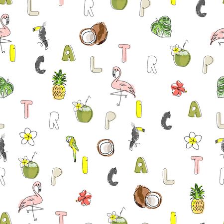 Tropical seamless pattern with cute hand drawn doodle animals, fruits, exotic plants and flowers. Cartoon summer backgroundのイラスト素材