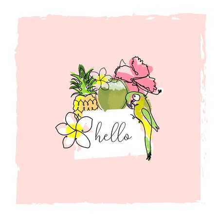 cute tropical set of different stickers with wild birds, exotic fruits, flowers and leaves. Summer cartoon doodle handのイラスト素材