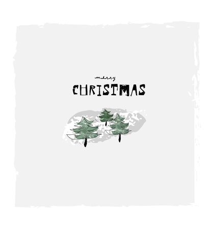 Merry Christmas cute winter botanical greeting card with hand drawn pine and coniferous plant branches. Winter holidays cartoon backgroundのイラスト素材