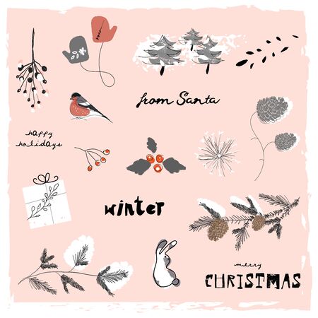 Christmas cute cartoon illustration clipart with different winter holidays symbols, animals and characters. hand drawn textures design conceptのイラスト素材
