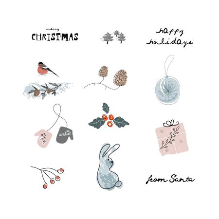 Christmas cute cartoon illustration clipart with different winter holidays symbolsのイラスト素材