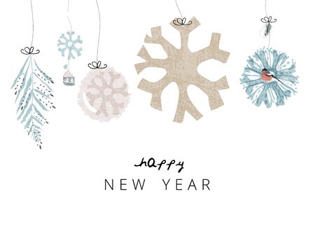 Merry Christmas cute greeting card or banner template with different winter holidays xmas tree hanging decorations. Beautiful fairy background elements imitating watercolor paintingsのイラスト素材