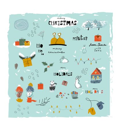 Christmas cute cartoon illustration clipart with different winter holidays symbols, animals and characters. hand drawn textures design conceptのイラスト素材
