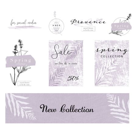 Elegant social media trendy feminine dusty lavender floral elements and templatesのイラスト素材