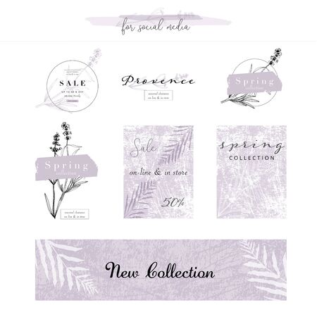 Elegant social media trendy feminine dusty lavender floral elements and templatesのイラスト素材
