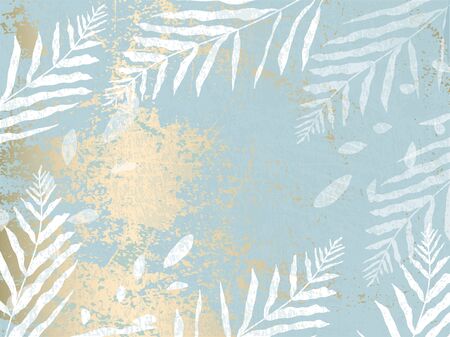 abstract foliage pastel blue gold blush background. Chic trendy print with botanical motifsのイラスト素材