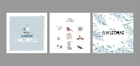 Christmas cute cartoon illustration clipart with different winter holidays symbols, animals and characters. hand drawn textures design conceptのイラスト素材