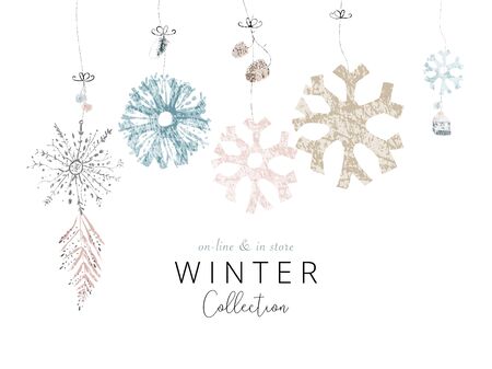 Social media banner template for advertising winter arrivals collection or seasonal sales promotion. Cute hand drawn background with Christmas tree decoration elements のイラスト素材