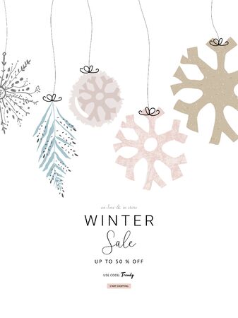 Social media banner template for advertising winter arrivals collection or seasonal sales promotion. Cute hand drawn background with Christmas tree decoration elements のイラスト素材