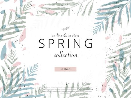 social media banner template for advertising spring arrivals collection or seasonal sales promotion. trendy hand drawn background textures and floral elements imitating watercolor paintingsのイラスト素材