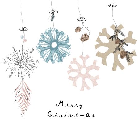 Merry Christmas cute greeting card or banner template with different winter holidays xmas tree hanging decorations. Beautiful fairy background elements imitating watercolor paintingsのイラスト素材